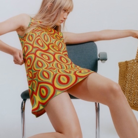 Zara Dresses & Skirts - Zara Retro Jacquard Knit Mini Dress Sleeveless Green Orange Yellow Size Small